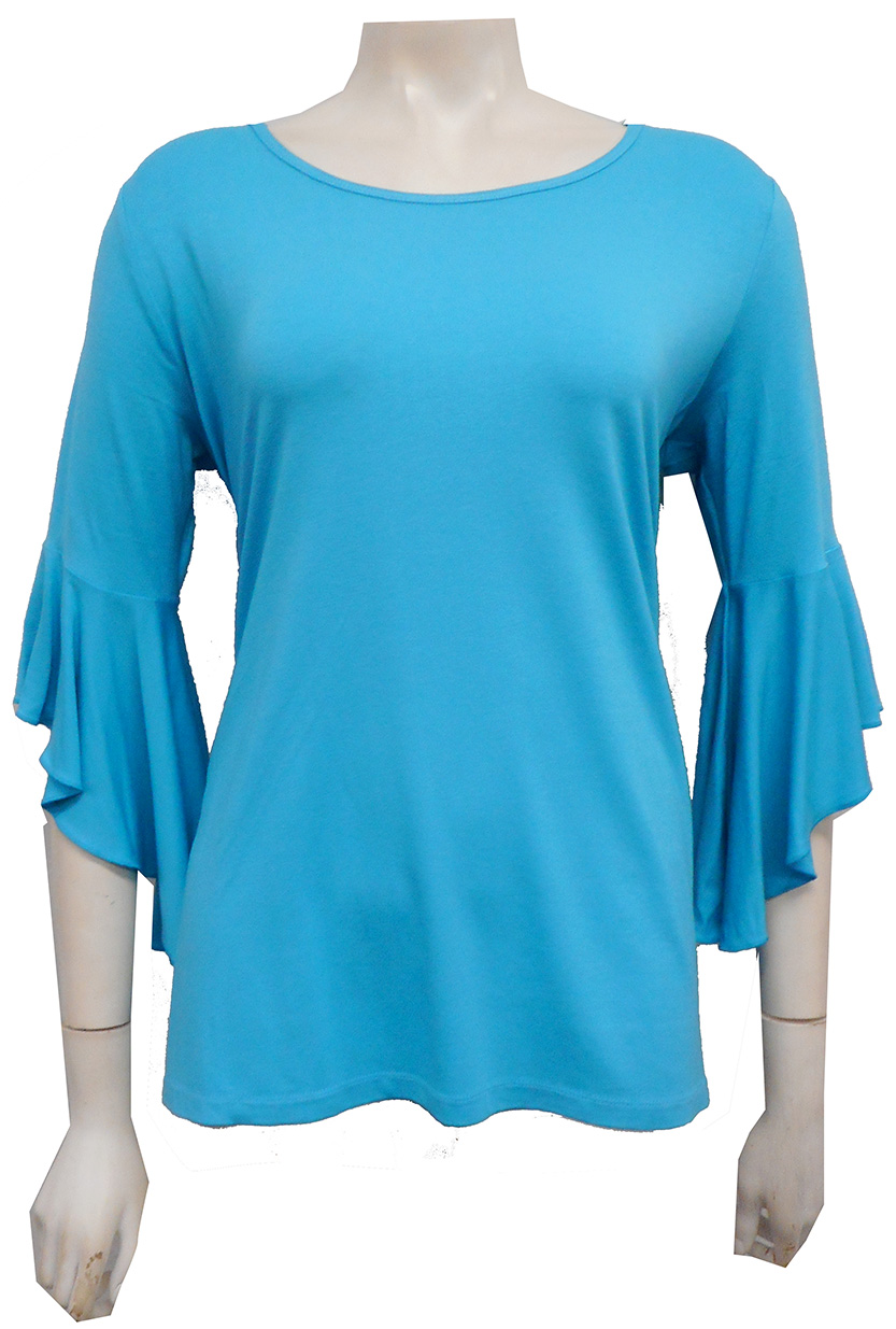 Amelia Silky Knit Frill Sleeve Top - Blue